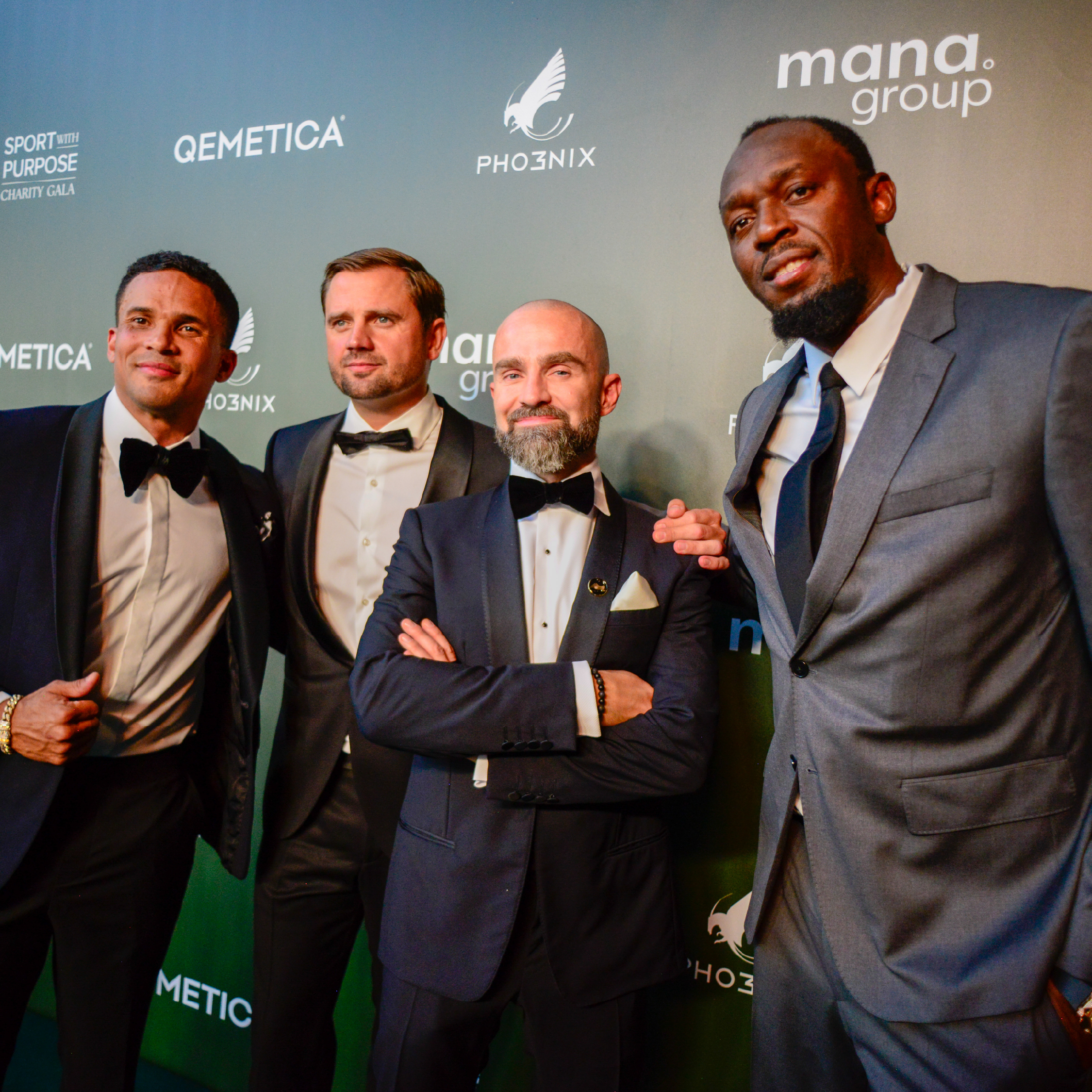 John Steffensen, Wojciech Kruczynski, Sebastian Kulczyk, and Usain Bolt at the 2025 Pho3nix Sport With Purpose Charity Gala